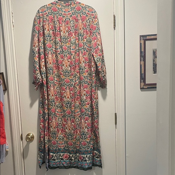 NATURAL LIFE Cream Floral Print Top with Teal and Coral Accents Side Slits Maxi - Picture 12 of 12